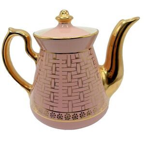 Vintage Hall China Pink Teapot Gold Trim Basket Weave 6 Cup USA Ceramic
